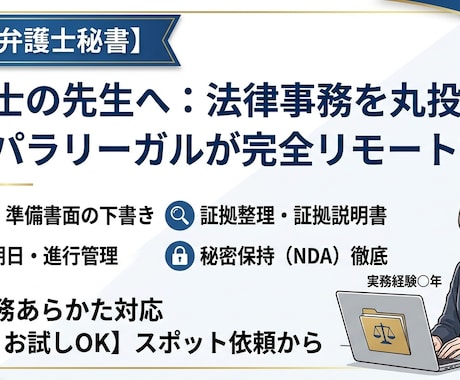現役パラリーガルがリモートで法律事務を代行します 裁判所提出書類の作成補助から期日管理まで丸ごとサポート！ イメージ1