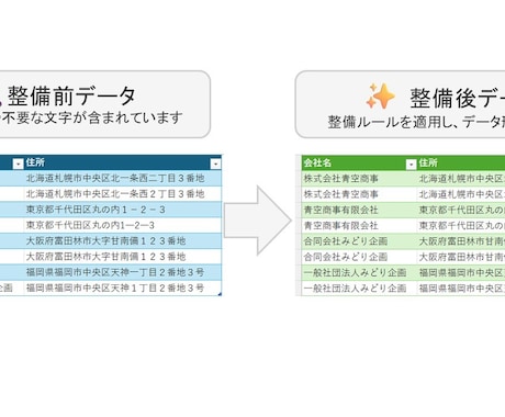 Excel・CSVデータを整理いたします データ分割、表記ゆれ統一、不要スペースや重複削除等を行います イメージ2