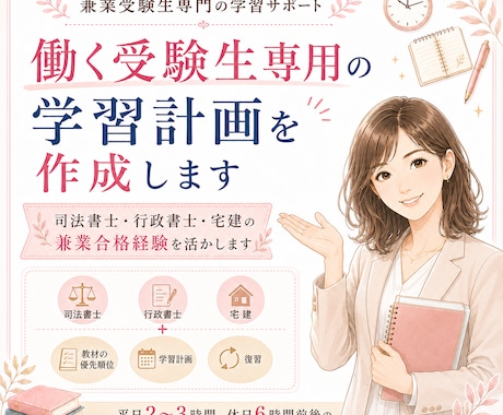 働く受験生専用の学習計画を作成します 司法書士・行政書士・宅建の兼業合格経験を活かします イメージ1