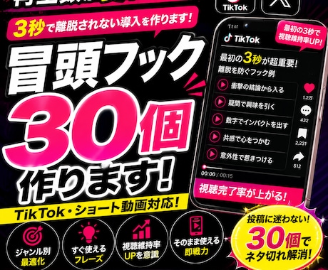 3秒で離脱されない冒頭フック30個作成します 3秒で離脱されない導入を作ります イメージ1