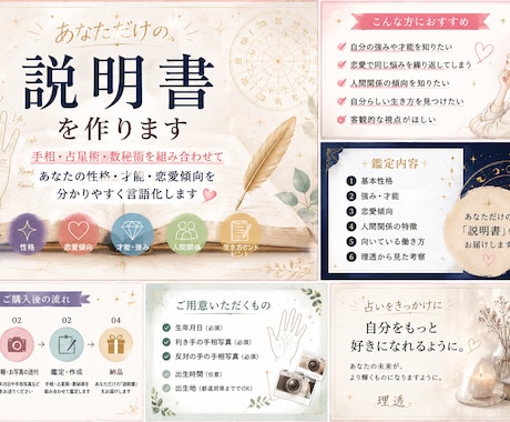 手相・占星術・数秘から『あなたの説明書』を作ります 恋愛傾向・才能・強み・人間関係を分かりやすく言語化します イメージ1