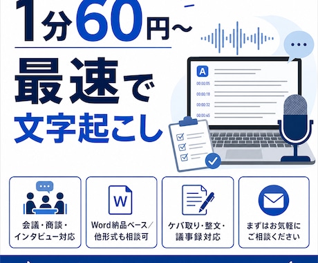 1分60円　素早く動画・音声を文字起こします 高度な議事録化、要点整理、話者分けは別途対応可能です イメージ1