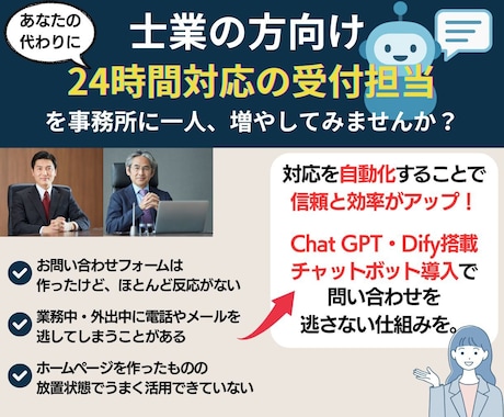 士業向け24時間AI受付ボットを導入サポートします 問い合わせ対応を自動化し機会損失ゼロへ イメージ1