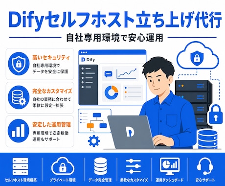 Difyのセルフホスト環境を構築代行します Difyのセルフホスト導入を、迷わず進めたい方へ、代行します イメージ1