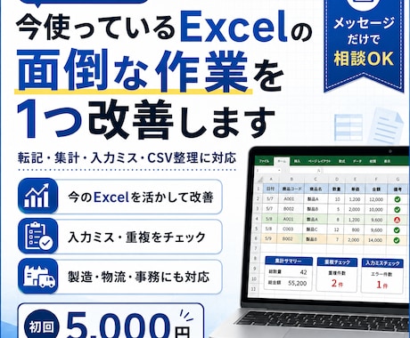今使っているExcelの面倒な作業を1つ改善します 転記/集計/入力ミスなどを、今のExcelのまま減らします イメージ1