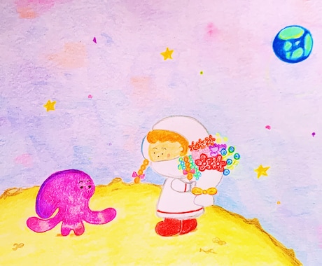 色鉛筆でほっこりするイラストを描きます 宇宙・お花・食べ物・動物・人物等を優しくほっこり仕上げます イメージ1