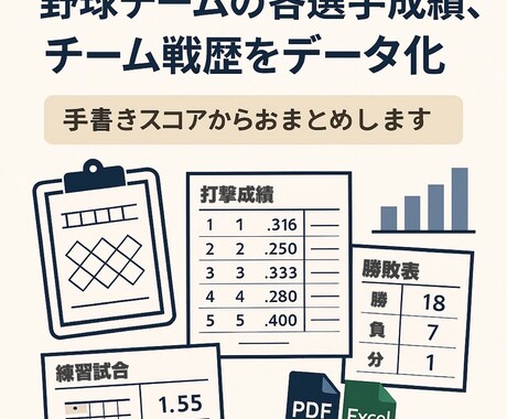 野球チームの各選手成績、チーム戦歴をデータ化します 成績管理もチームの力に！印刷・共有しやすいデータで納品！ イメージ1