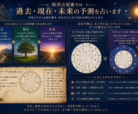 西洋占星術では過去、現在、未来の予測を占います ネイタル法とトランジット法で未来予測をホロスコープで占います イメージ1