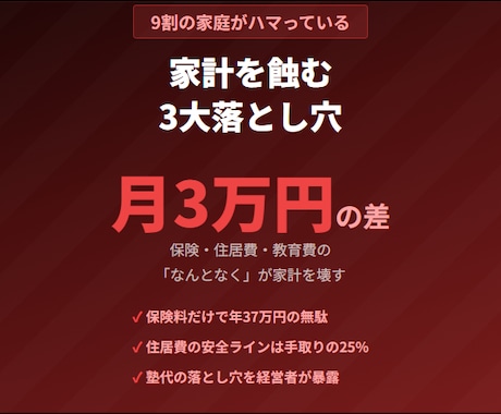 月3万円の差がつく家計の3大落とし穴を教えます 保険・住居費・教育費の落とし穴を三刀流FPが解説 イメージ1