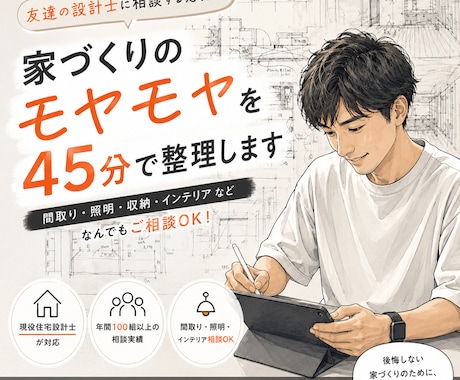 家づくりのモヤモヤを45分で整理します 友達の設計士に相談できます！年100以上の家づくり相談実績 イメージ1