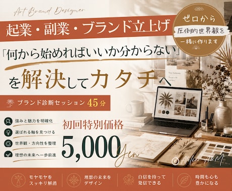 何から始めればいいか分からない。を解決します 起業・副業、ブランドの圧倒的な世界観をゼロから一緒に作ります イメージ1