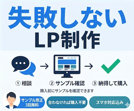 失敗しないLP制作｜購入前にイメージ確認できます 購入前にサンプルサイトをお作りします。納得してからご購入。 イメージ1
