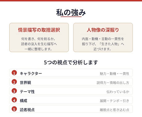 あなたの小説、人の目で深く読み込み添削ます キャラと描写を深掘りし、刺さる作品へ導きます イメージ2