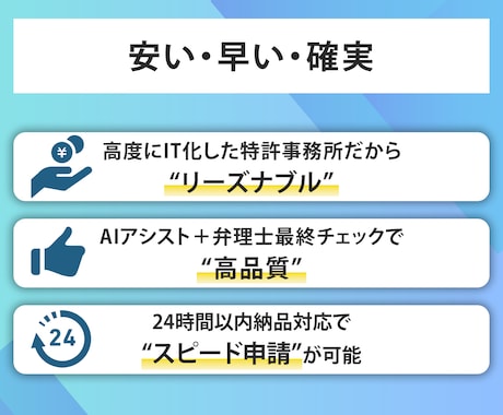 出願前の先行特許調査で、弁理士が特許確率を高めます 類似の特許出願がないか弁理士が調査し権利化率向上をアドバイス イメージ2
