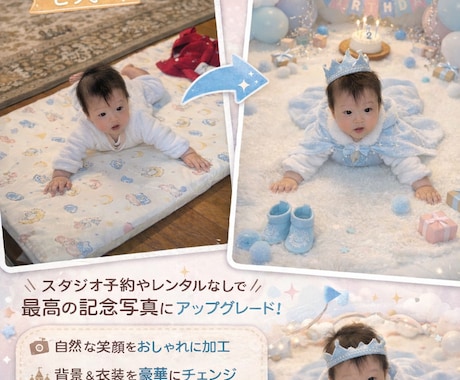 赤ちゃんの記念フォト作成します ハーフバースデー・1歳誕生日に。背景・衣装も自由自在！ イメージ2