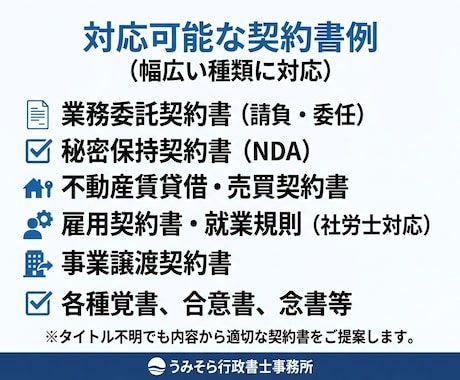 行政書士兼社労士が実務直結の契約書を作成します 作成実績数千件。修正無料で安心。最短翌営業日納品も可能。 イメージ2