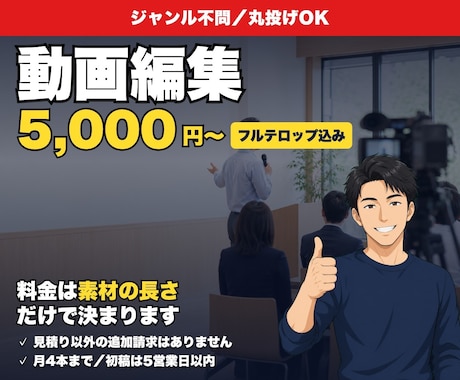 丸投げOK！フルテロップ込みで動画編集します フルテロップ込み。料金は素材の長さだけで決まります イメージ1