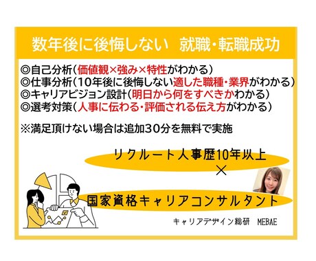 数年後に後悔しない就職転職成功の解決策を掲示します 元リクルート人事歴10年以上×国家資格キャリアコンサルタント イメージ1