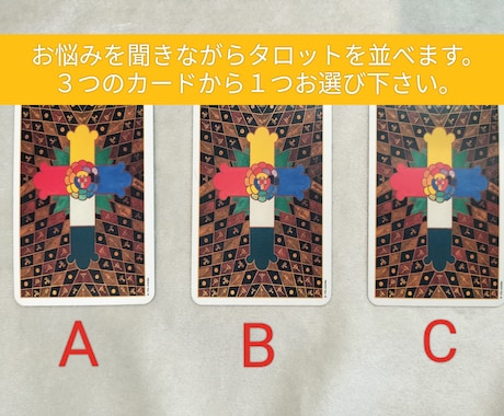 あなたが選ぶタロットカードから読み解いていきます ３枚のタロットカードの中からあなたご自身がお選びください。 イメージ1