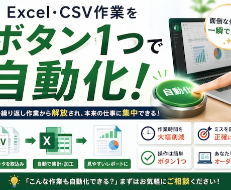 Excel・CSVの集計・加工・変換を自動化します 毎月のExcel作業、ボタン1つで終わらせませんか？ イメージ1