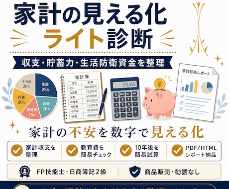 家計を数字で整理し改善優先順位をレポートします 貯蓄・住宅・教育・老後の不安を、一気に個別PDFで見える化 イメージ1