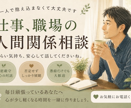 仕事・職場の人間関係やストレスのお話をお聞きします 一人で抱え込まなくて大丈夫。否定せず寄り添いお聞きします。 イメージ2