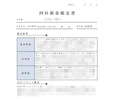 四柱推命であなたの本質を紐解いた結果をお送りします 基本性格、恋愛傾向、向いている働き方等が分かる鑑定書を作成。 イメージ2