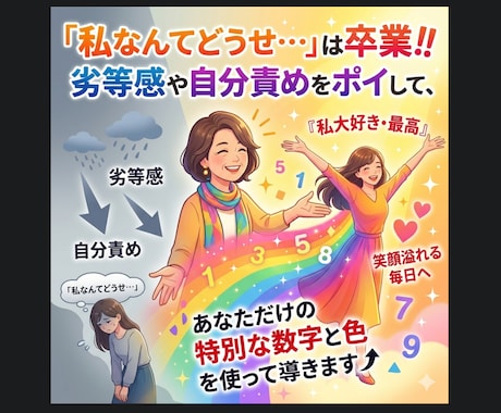私なんてを卒業。自分が大好きになる鑑定書届けます 劣等感をポイ。数字と色で笑顔溢れる毎日へ全力ガイドします イメージ1