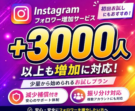 Instagramフォロワー3000人〜増加します インスタ｜小ロット3000人パッケージ｜10日補填つき イメージ1