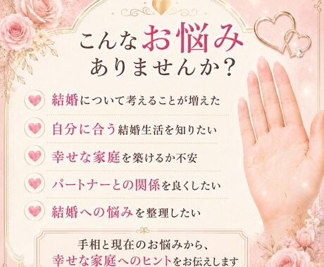 手相から結婚運・結婚傾向・幸せな家庭を鑑定します 結婚傾向を読み解き、幸せな家庭を築くヒントをお伝えします イメージ2