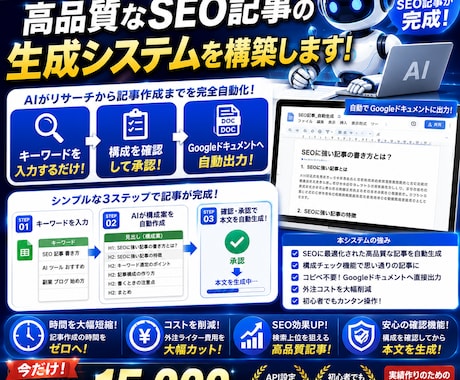 高品質なSEO記事の生成システムを構築します 記事作成の手間ゼロ！構成を確認するだけでSEO記事が完成 イメージ1
