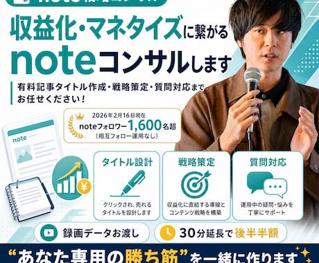 収益化・マネタイズに繋がるnoteコンサルします 有料記事タイトル作成・戦略策定・質問対応までお任せください！ イメージ1