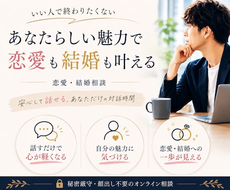 いい人で終わる男性のための恋愛・結婚相談します あなたの魅力を見つけて、男の自信を育てます イメージ1