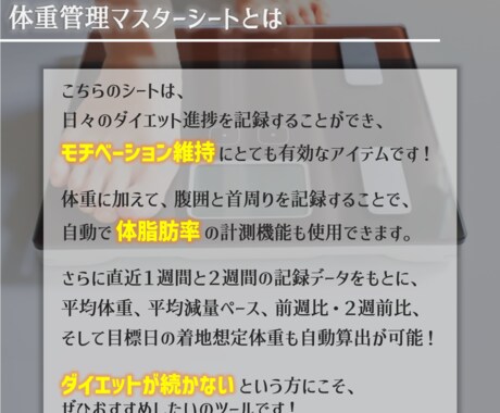 オリジナル体重管理マスターシートを作成します 見える化でモチベーションアップ！毎日の記録が成功への鍵！ イメージ2