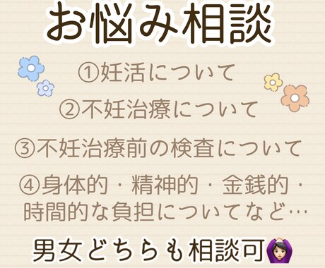 予約：妊活・不妊治療に対するお悩み相談にのります 匿名だからこそ訊きやすい！体や心、お金の悩み相談など。 イメージ1
