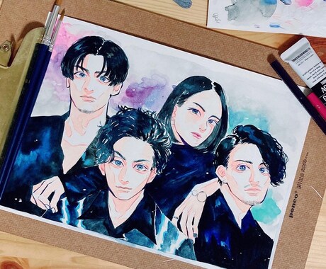 水彩画でグループ似顔絵描きます 優しく鮮やかな水彩！思い出やその人の雰囲気を絵にします！ イメージ1