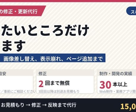 既存サイトの修正・更新・ページ追加をします 文言修正、画像差し替え、表示崩れ、ページ追加まで対応します イメージ1