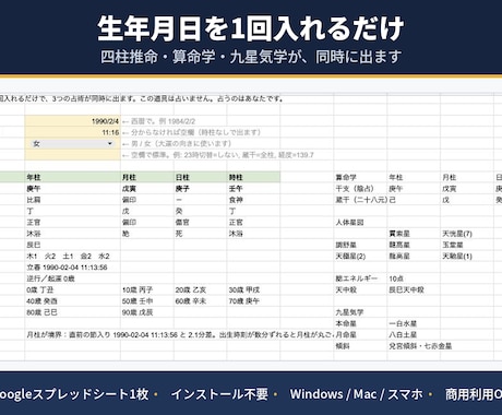 四柱推命・算命学・九星気学の命式シートを渡します 生年月日1回で3占術｜国立天文台の暦と照合済み イメージ1