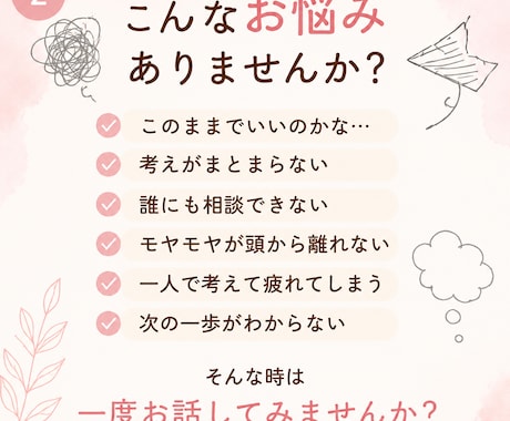 頭の中のモヤモヤを一緒に整理します 話しながら気持ちを整理して、次の一歩を見つけましょう イメージ2