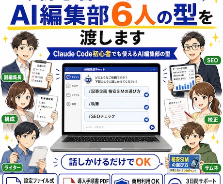 記事を量産するAI編集部6人分の型を渡します Claude Code初心者でも使えるAI編集部の型 イメージ1