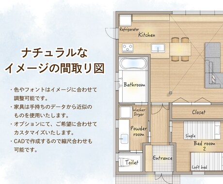 雰囲気のある民泊・広告用の間取り図を作成します 上品・ナチュラル・カジュアル等、ご希望に合わせて作成します！ イメージ2