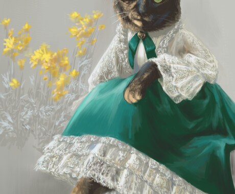 オシャレにおめかし動物のイラスト描きます ペットやお好きな動物を擬人化　素敵な衣装を着せて絵画にします イメージ2