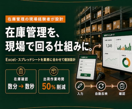 入出庫・棚卸まで管理できる在庫管理表を作成します 現場経験を活かし、入出庫の入力から在庫数まで自動反映します。 イメージ1