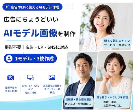 広告やLPに使えるAIモデル画像を作成します 撮影不要｜ターゲットや広告の内容に合わせて人物素材を制作 イメージ1