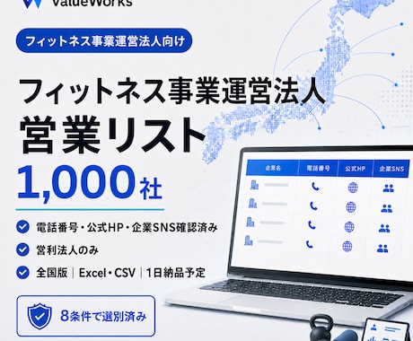 フィットネス事業法人リスト1000社を納品します 電話・公式HP・企業SNS付き｜8条件で選別済み イメージ1