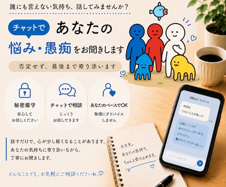 誰にも言えない悩み・愚痴をチャットでお聞きします 一人で抱え込まなくて大丈夫です イメージ1