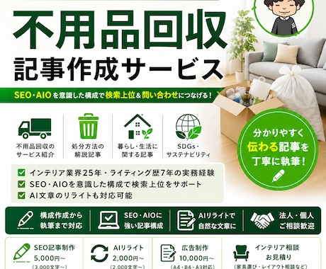 SEO記事 | 不用品回収・処分方法記事作成します 不用品回収業界者様向けのSEO・AIO記事制作を承ります。 イメージ1