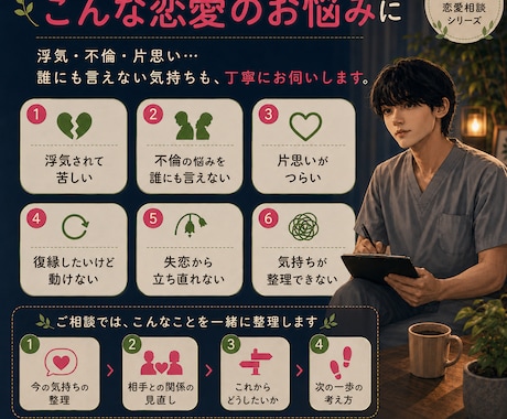 精神科看護師が男性目線で恋愛相談に乗ります 浮気、不倫、片思い、様々なお悩みの相談を気軽にどうぞ イメージ2