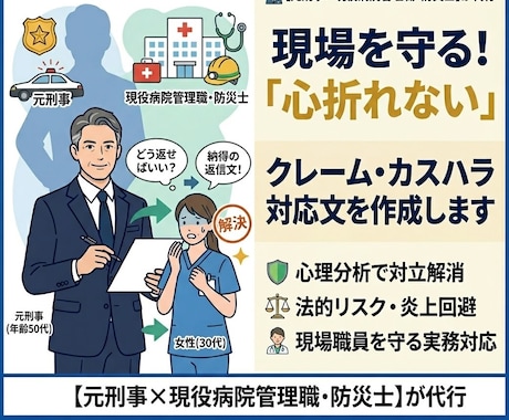 元刑事×病院管理職が医療クレーム等の相談を伺います 医療クレームなど、対応難渋事例の相談、助言等を差し上げます イメージ1