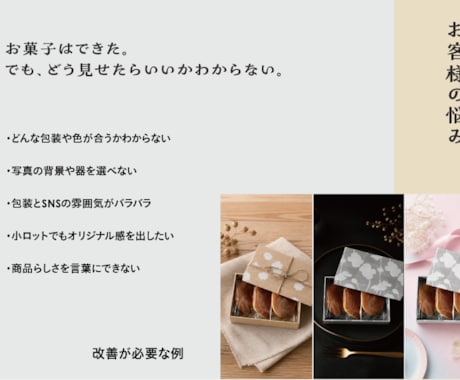 菓子1商品のオリジナル柄と包装イメージを作ります 商品写真をもとに柄・配色・包装・撮影の方向性を一つに整えます イメージ2